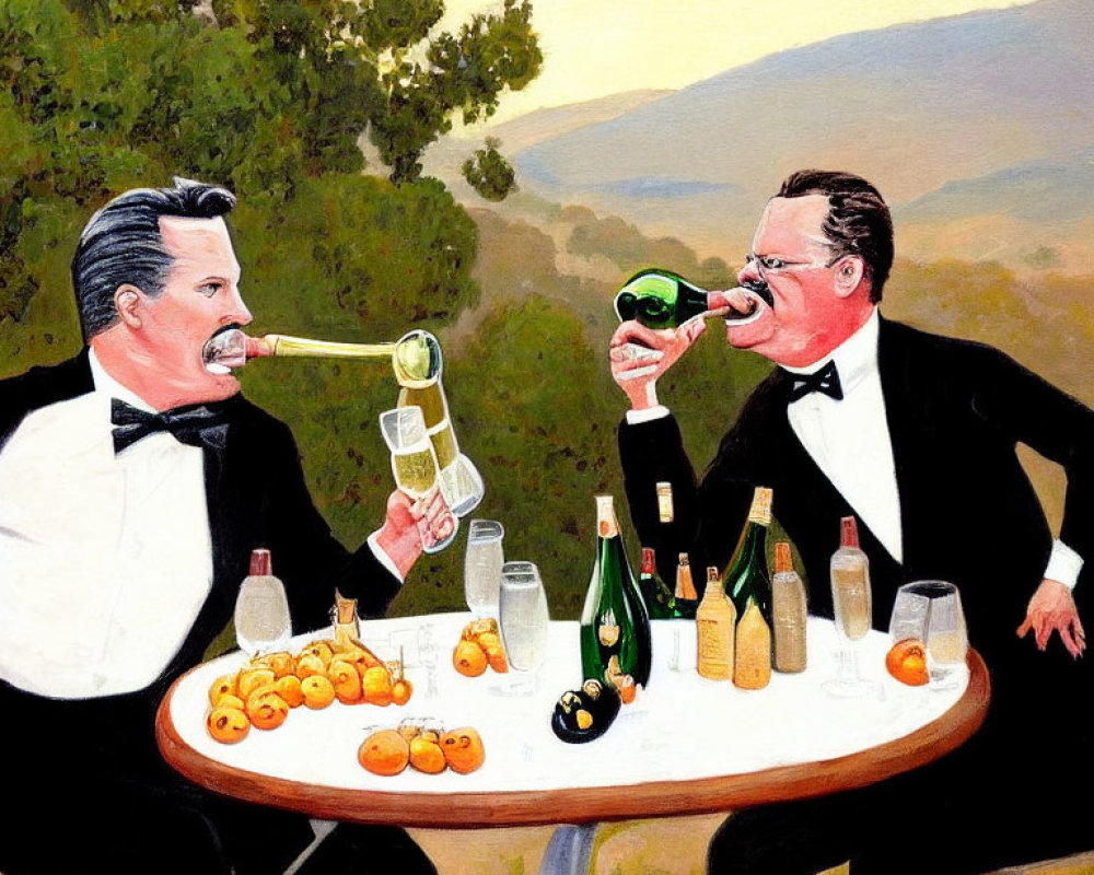 Men in tuxedos with exaggerated features enjoying wine and fruits outdoors