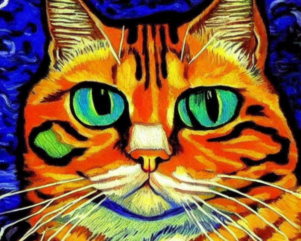 Vibrant painting of orange tabby cat with green eyes and swirling patterns