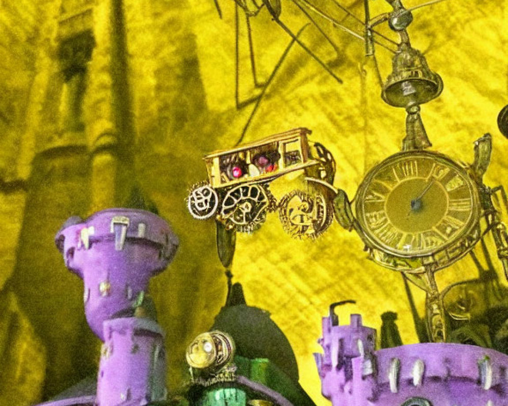 Whimsical purple castle-like structures with intricate gear designs and flying machine on textured golden background