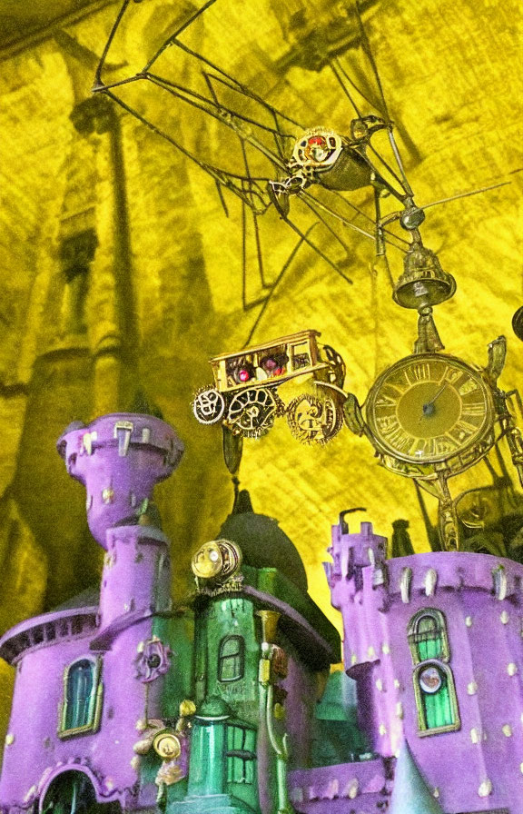 Whimsical purple castle-like structures with intricate gear designs and flying machine on textured golden background