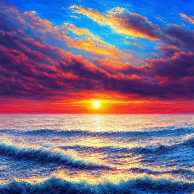 Colorful ocean sunset with blue and orange hues reflecting off clouds and waves