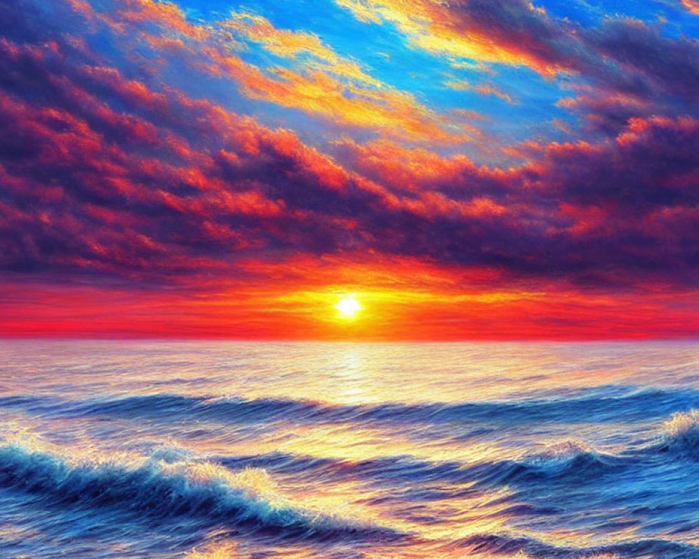 Colorful ocean sunset with blue and orange hues reflecting off clouds and waves