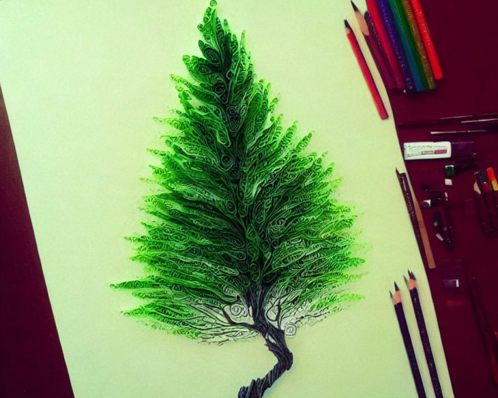 Detailed green leaf-patterned tree drawing on paper with colored pencils.