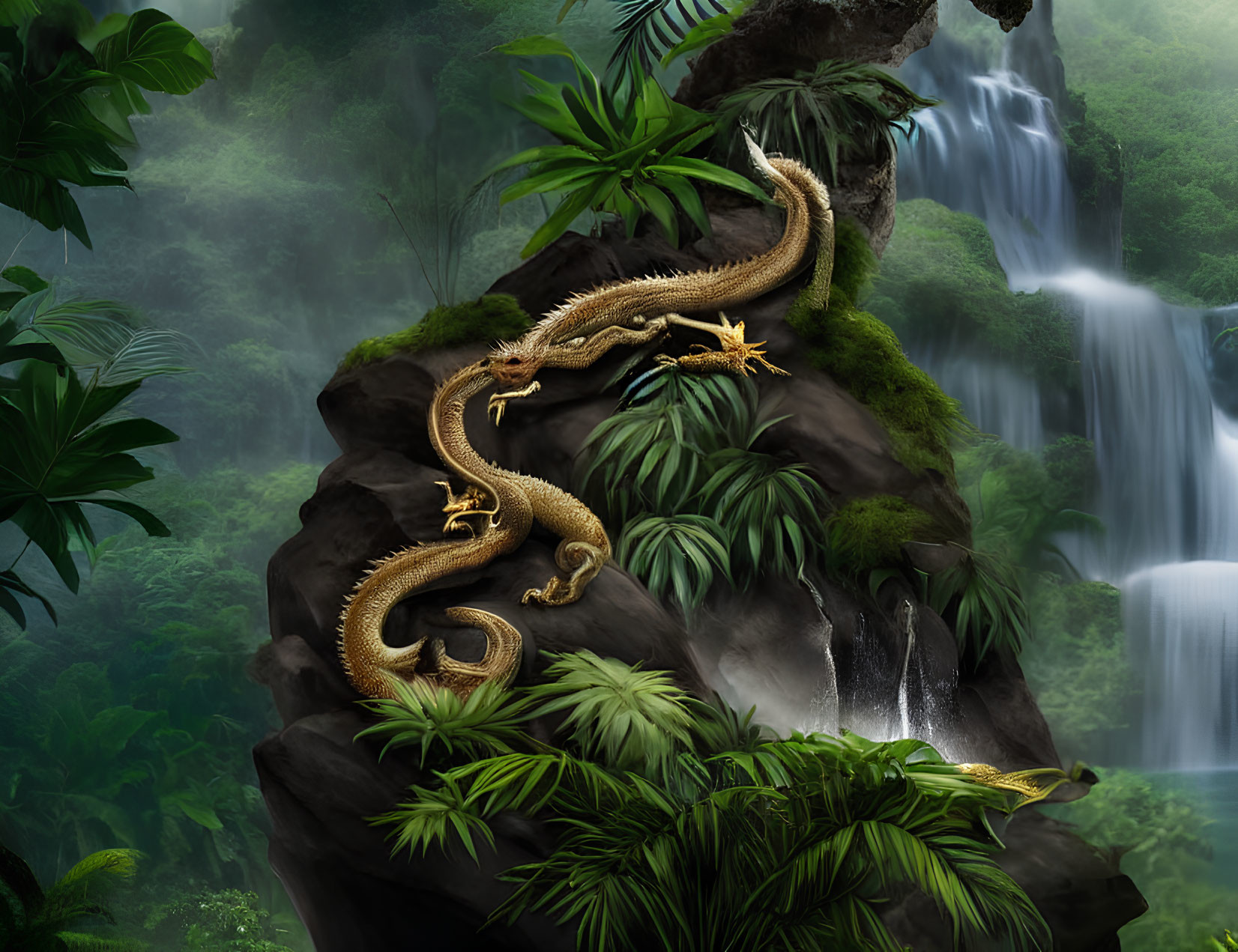 Golden dragon coiled on rocky outcrop in lush jungle with waterfalls