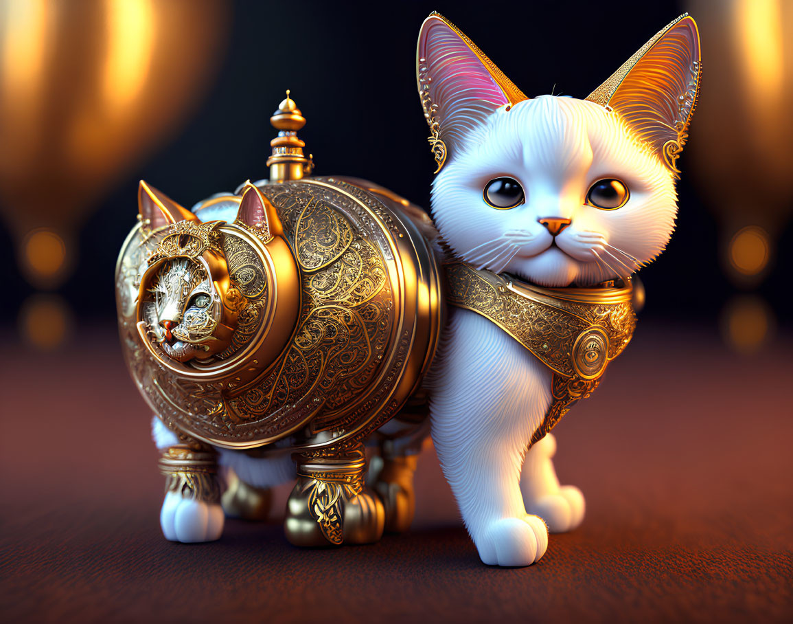 Whimsical mechanical cat with gold and white designs on dark background