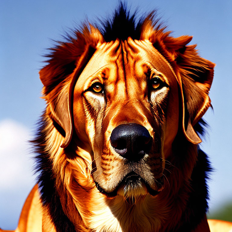 Digital blend of dog and lion with blue sky background