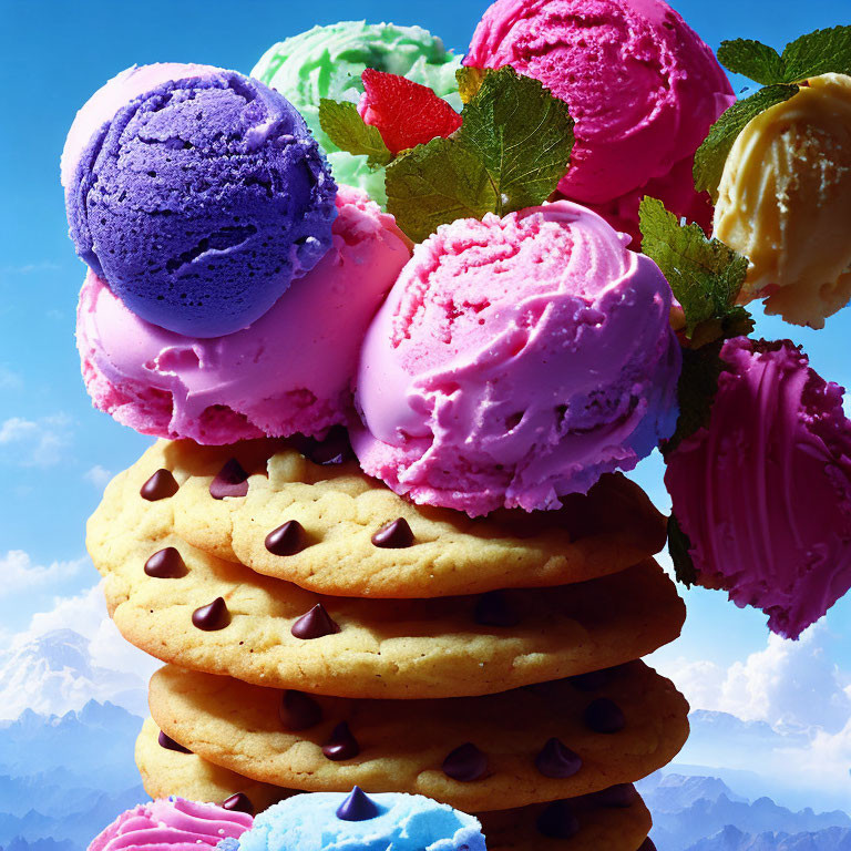 Assorted ice cream scoops on cookies under cloudy sky
