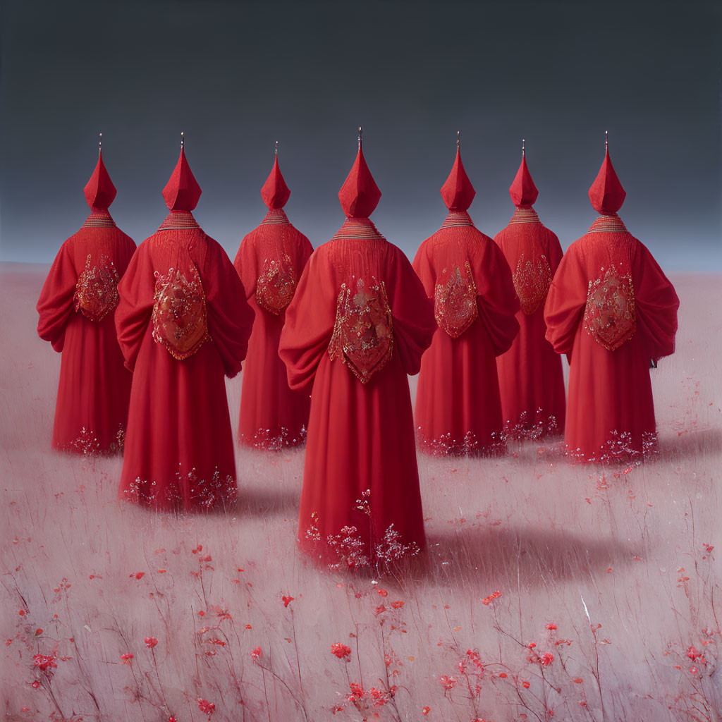 Seven Figures in Red Cloaks and Conical Hats Standing in Field of Red Flowers