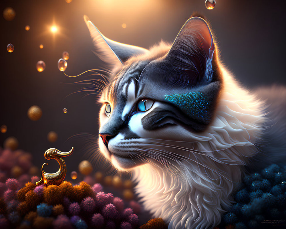 Majestic long-haired cat with blue eyes in digital art