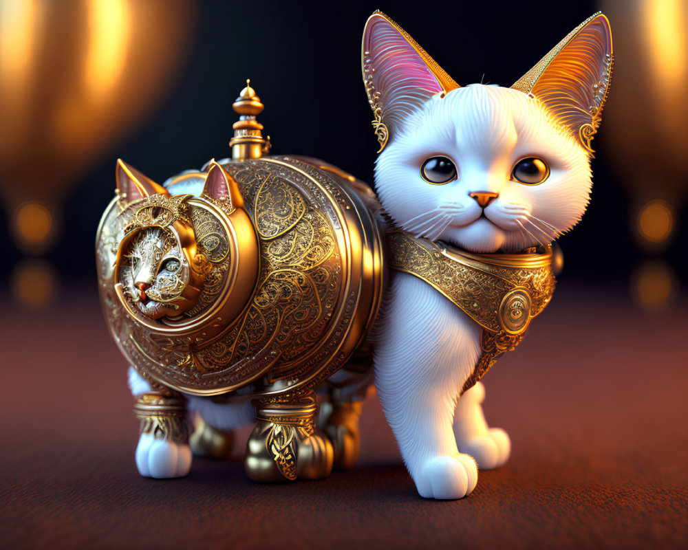 Whimsical mechanical cat with gold and white designs on dark background