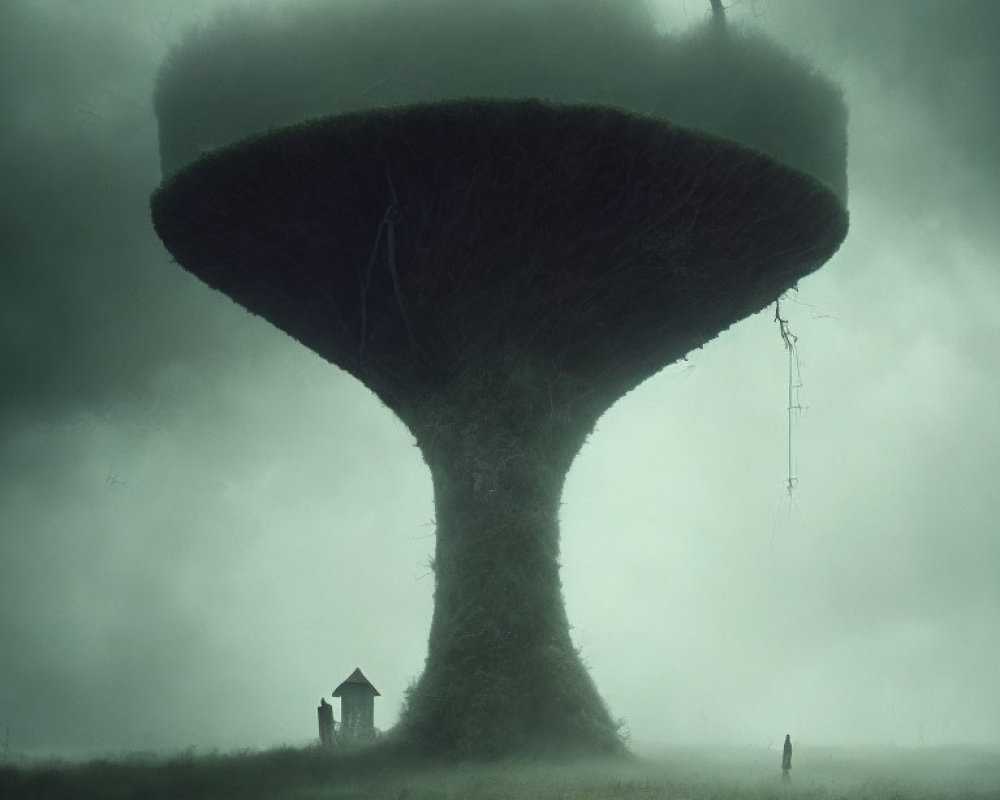 Solitary figure under giant mushroom-shaped tree in misty green ambiance