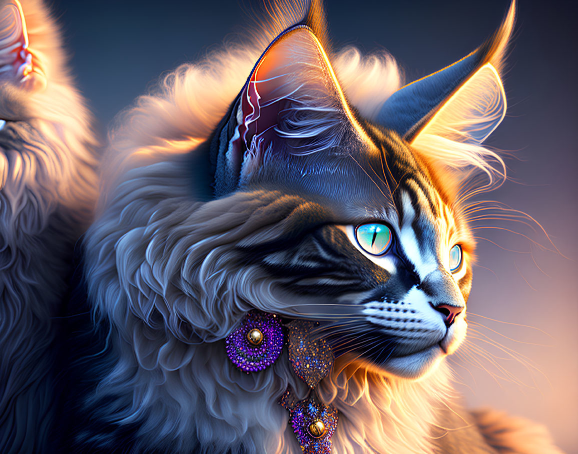 Majestic fluffy cat with intricate jewelry in vibrant colors