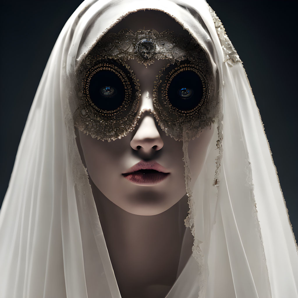 Person with Black-Rimmed Eye Embellishments Under White Veil