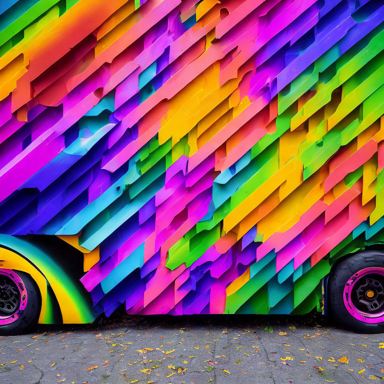 Colorful Geometric Mural Next to Matching Car Wheels on Gray Pavement
