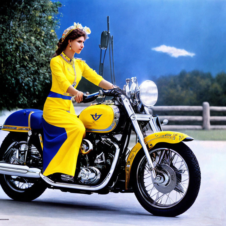 Vibrant woman in yellow traditional dress on classic motorcycle in nature