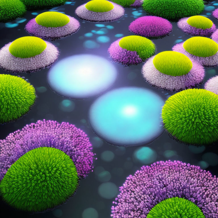 Colorful Mossy Spheres Floating on Reflective Water Surface