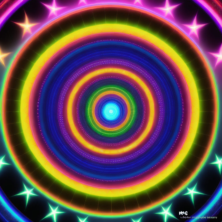Colorful concentric circles with stars and glowing effects in digital artwork