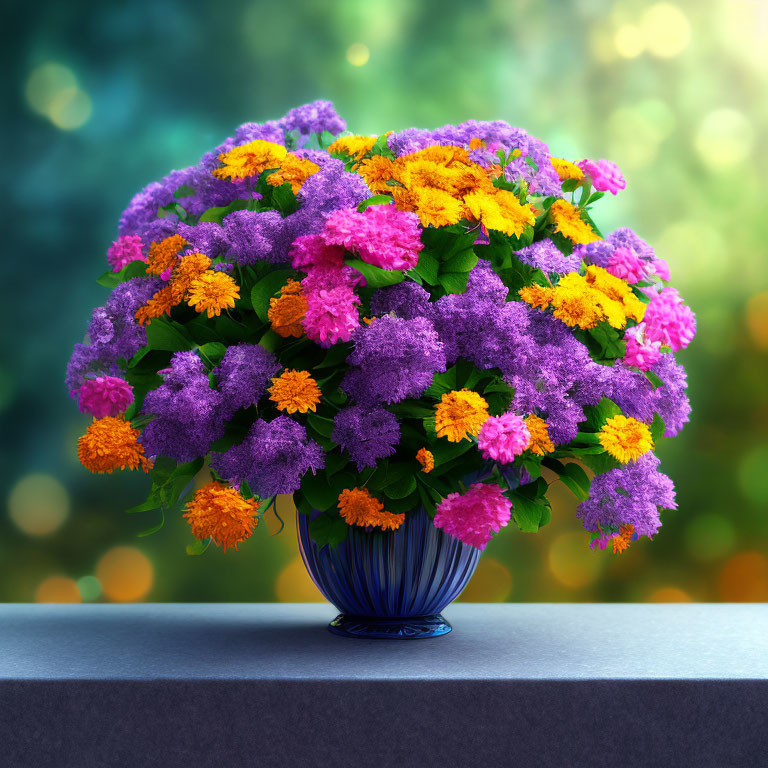 Colorful Purple and Yellow Flowers in Blue Vase on Green Background