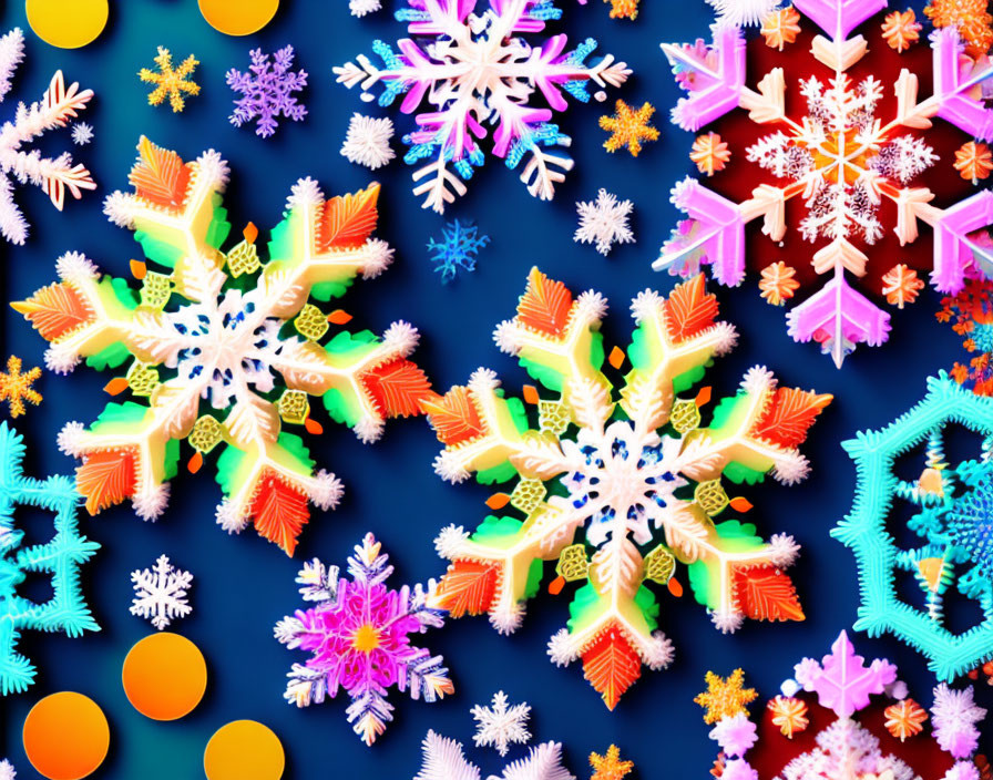 Vibrant 3D Snowflakes on Blue Background with Orange and Yellow Elements