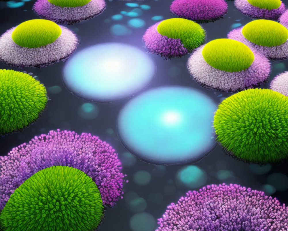 Colorful Mossy Spheres Floating on Reflective Water Surface