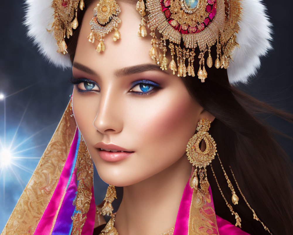 Woman with Striking Blue Eyes in Ornate Gold Headpiece