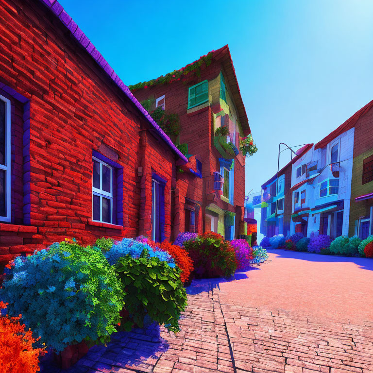 Colorful Street Scene with Red Brick Buildings and Lush Bushes