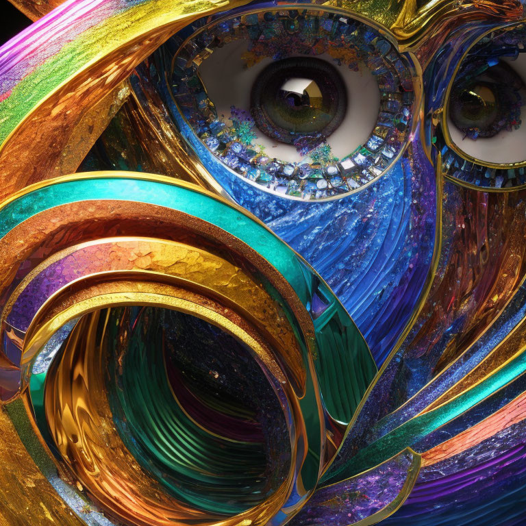 Vibrant Swirling Patterns with Realistic Eyes in Abstract Digital Art