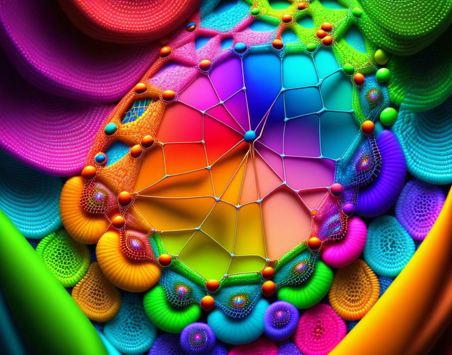 Colorful fractal art with web-like structure and textured folds