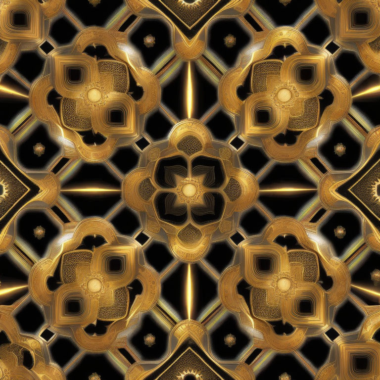 Symmetrical golden fractal pattern on black background