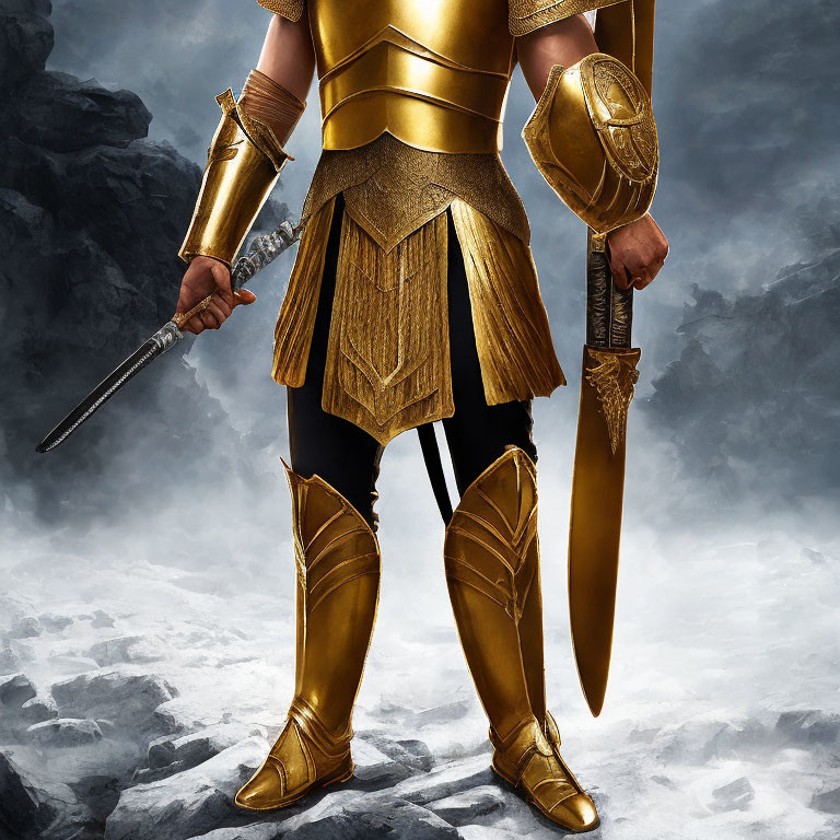 Golden-armored figure with sword and shield in misty rocky setting