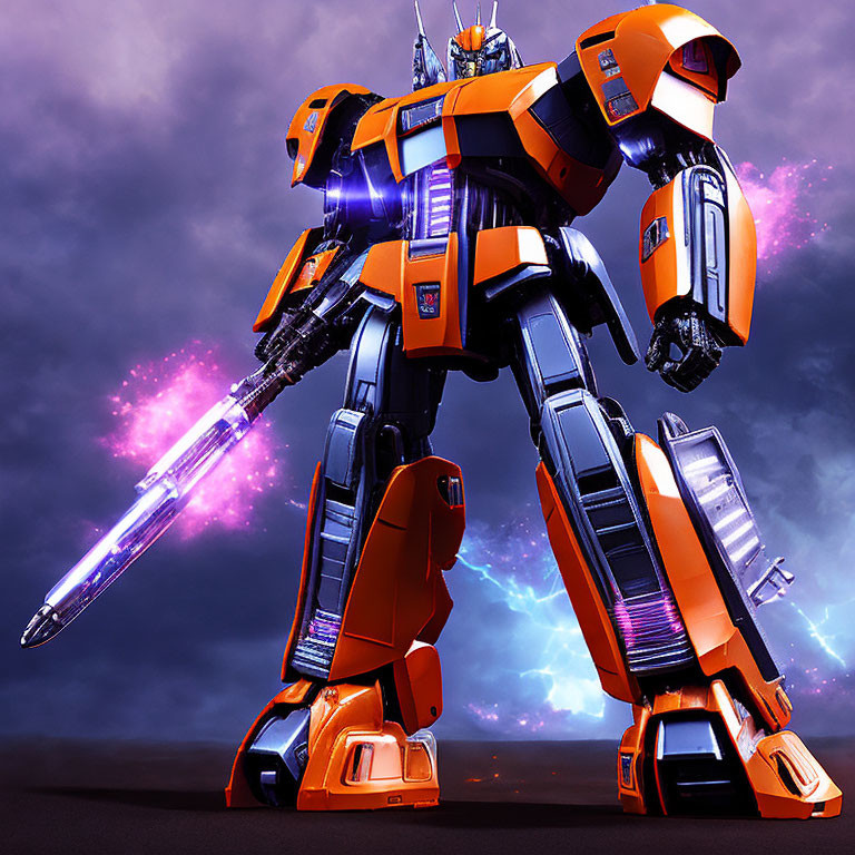 Orange and Blue Robotic Figure with Glowing Sword in Cosmic Battle Scene