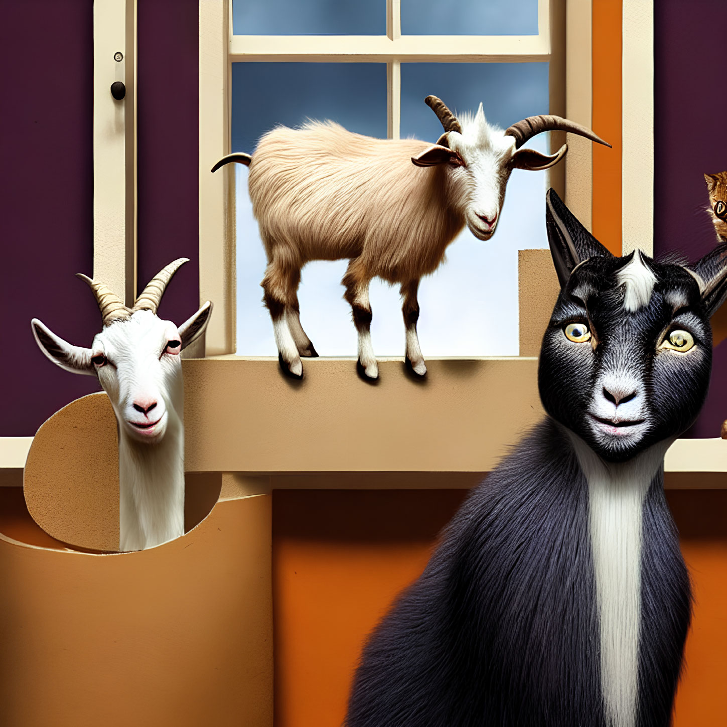 Three goats peek through windows and door of purple house