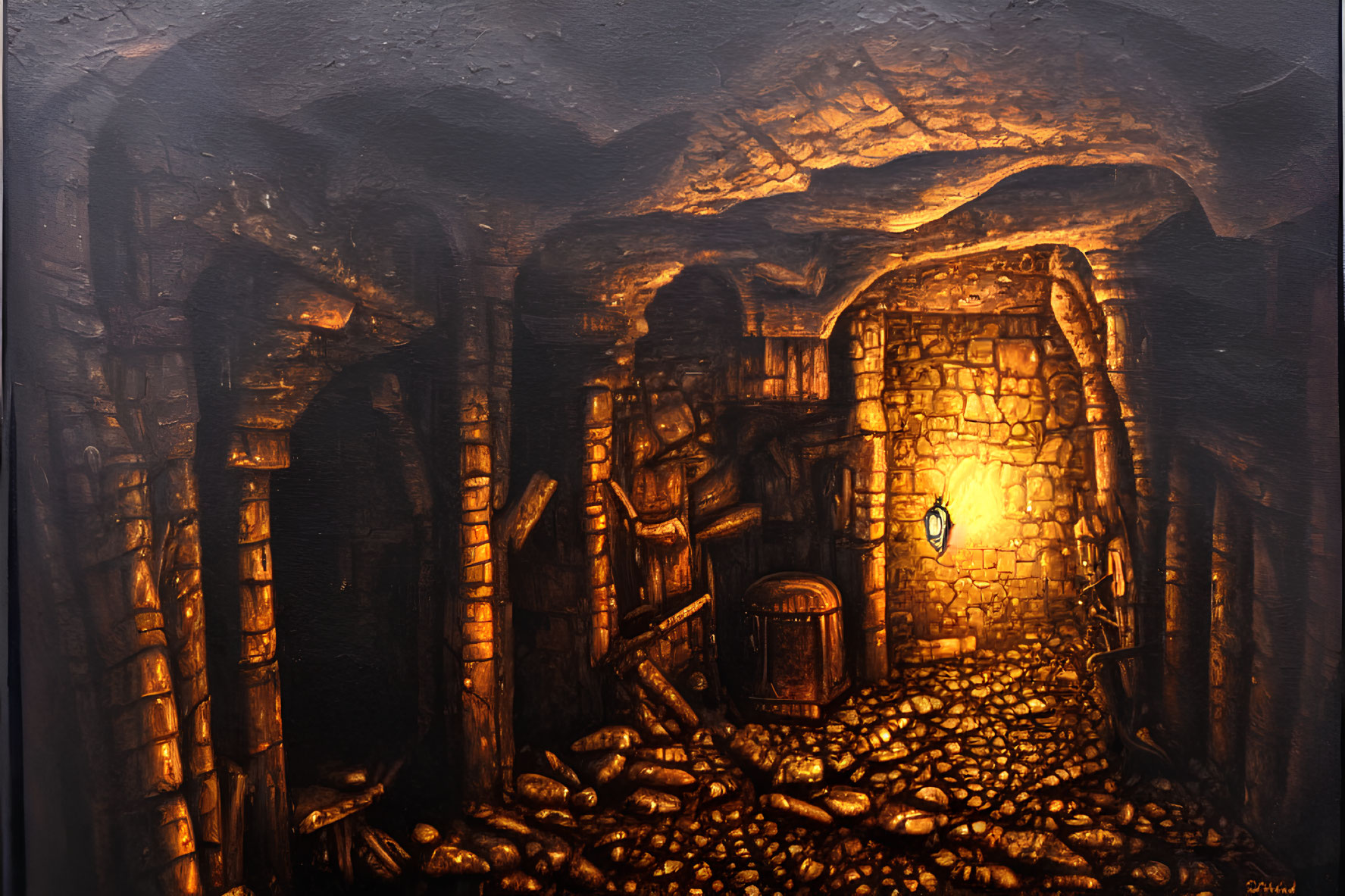 Dimly Lit Stone Dungeon with Arched Gateway and Lantern