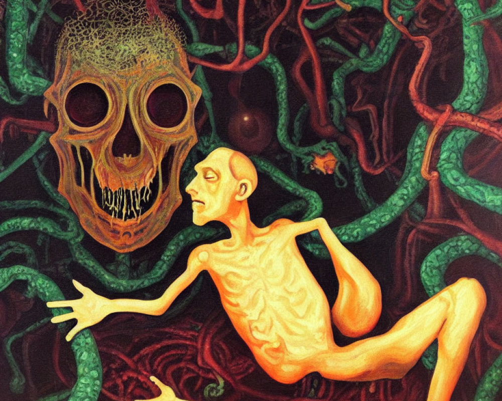 Surreal painting: Emaciated figure, floating skull, and organic shapes in red and green