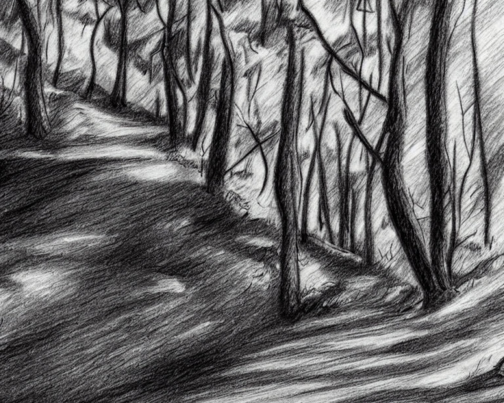 Tranquil forest pencil sketch with bare trees and winding path