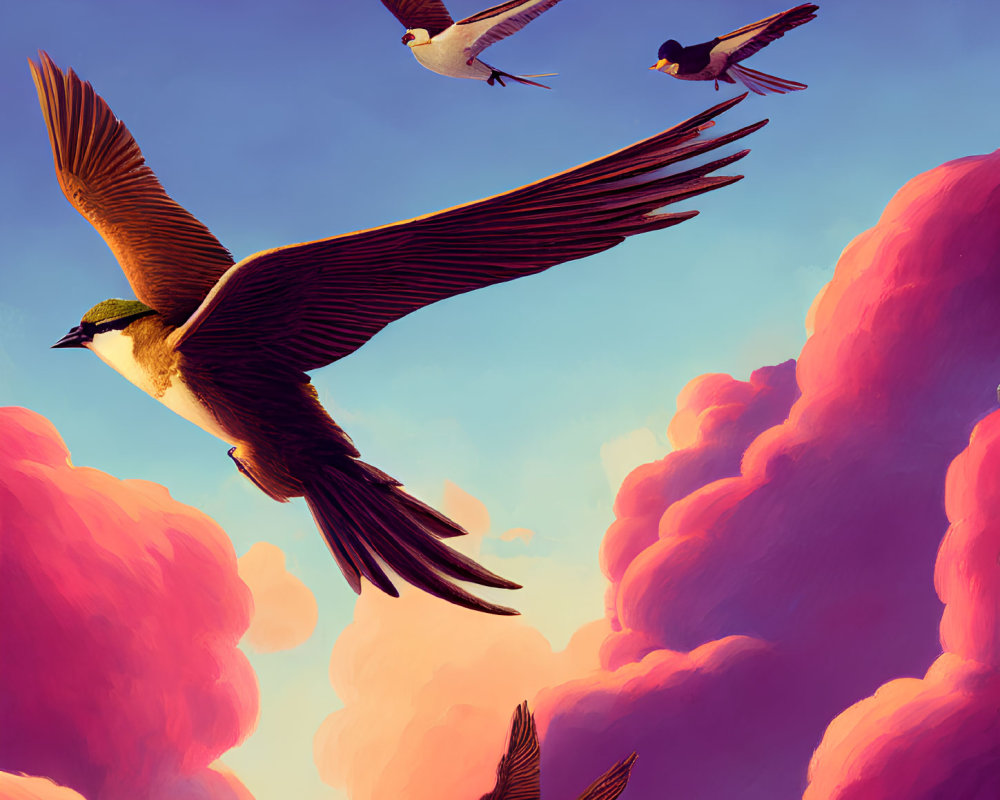 Three flying birds in vibrant sky with colorful clouds