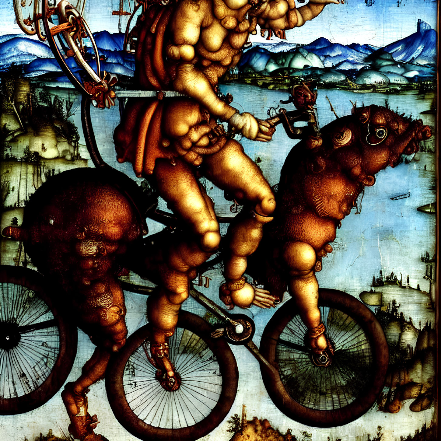 Detailed Artwork of Muscular Figures on Tandem Bicycles in Mountain Setting