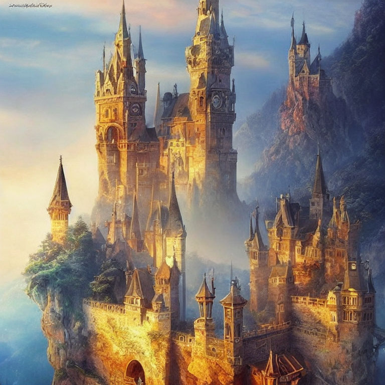 Majestic castle with towering spires on misty cliff