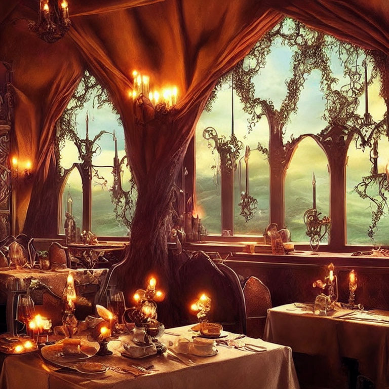 Rustic dining area with candlelight, tree branches, and scenic views