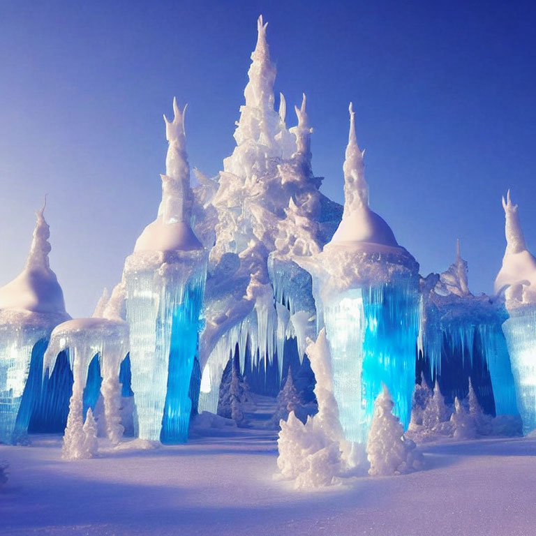Winter Wonderland: Ice Castles and Snow-Covered Trees in Blue Light