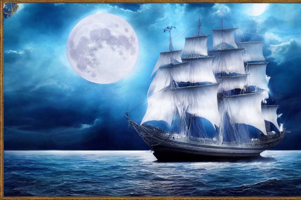 Sailing ship with billowing white sails under full moon