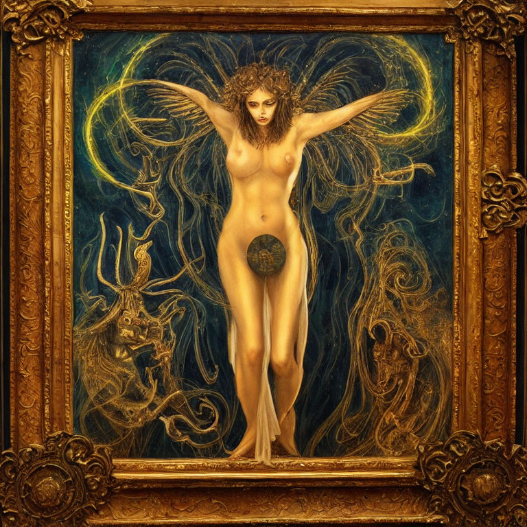 Gold-framed painting of nude female figure with outstretched wings and luminous patterns.