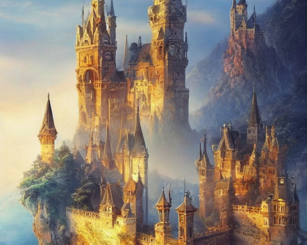 Majestic castle with towering spires on misty cliff