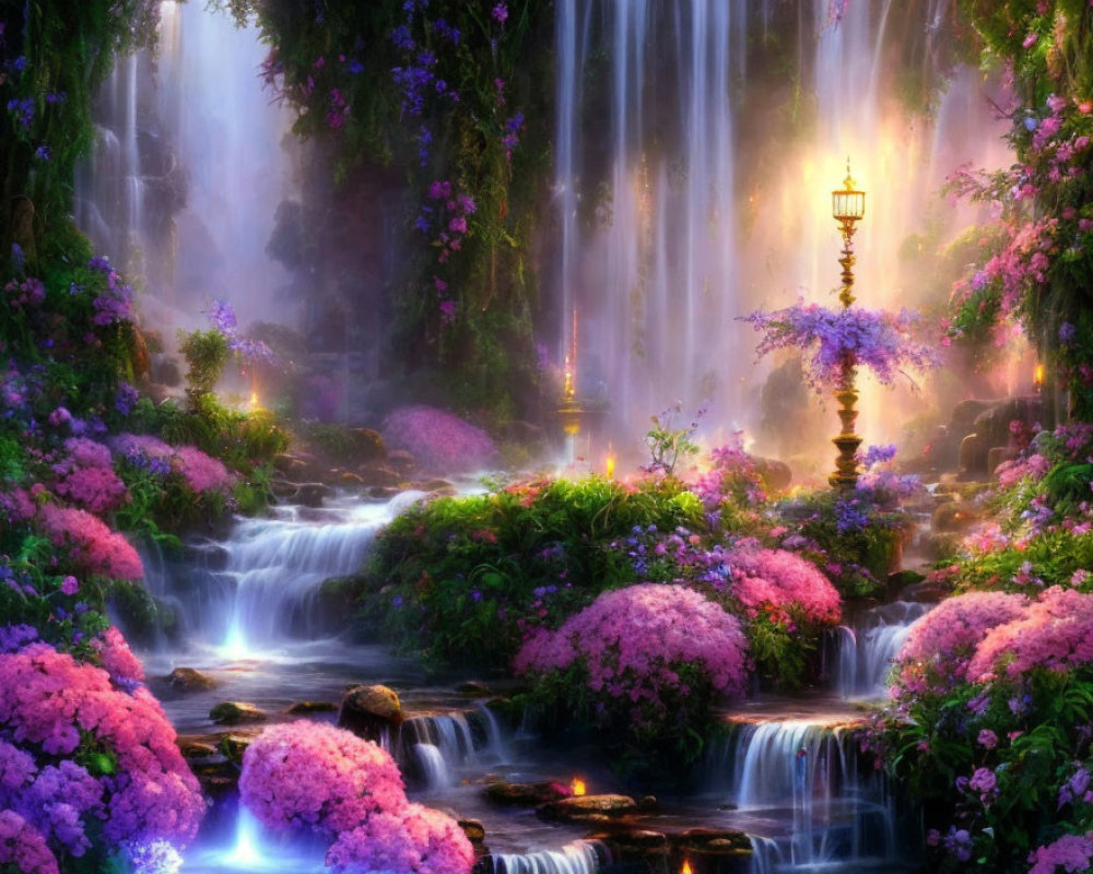 Mystical Garden with Purple Flowers, Waterfalls, and Lamp Posts