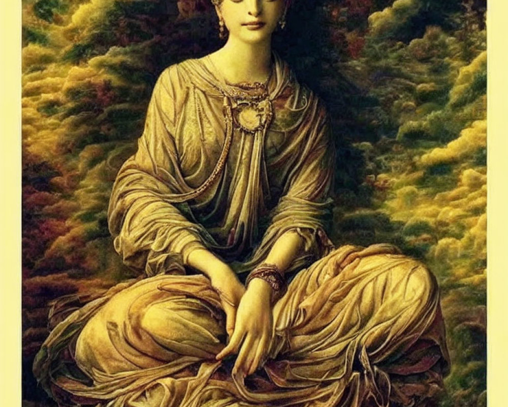 Woman in ornate attire meditates in lush forest setting