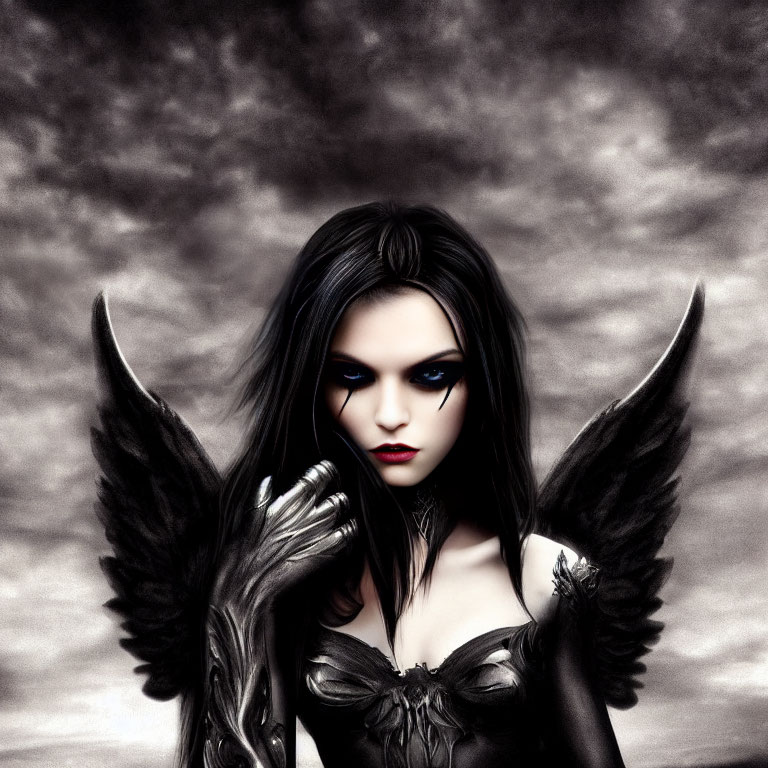 Dark Angel Wings Woman in Gothic Style Portrait