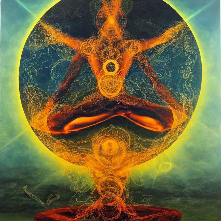 Abstract painting of figure in meditation pose with fiery patterns on circular backdrop