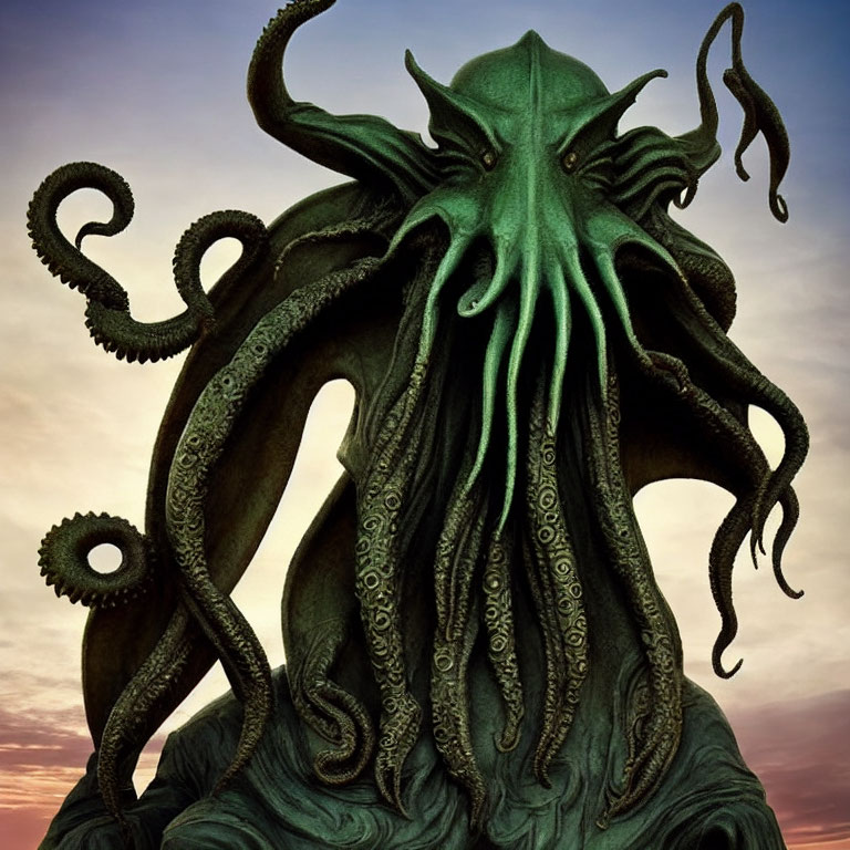 Mythical creature with green tentacled head in dramatic sky