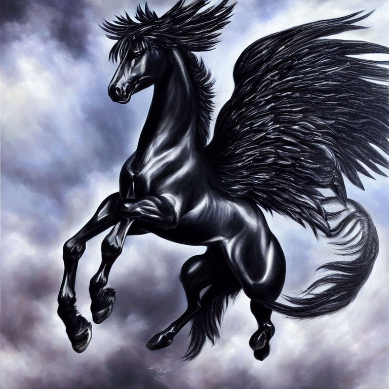 Black Pegasus Galloping in Moody Sky with Expansive Wings