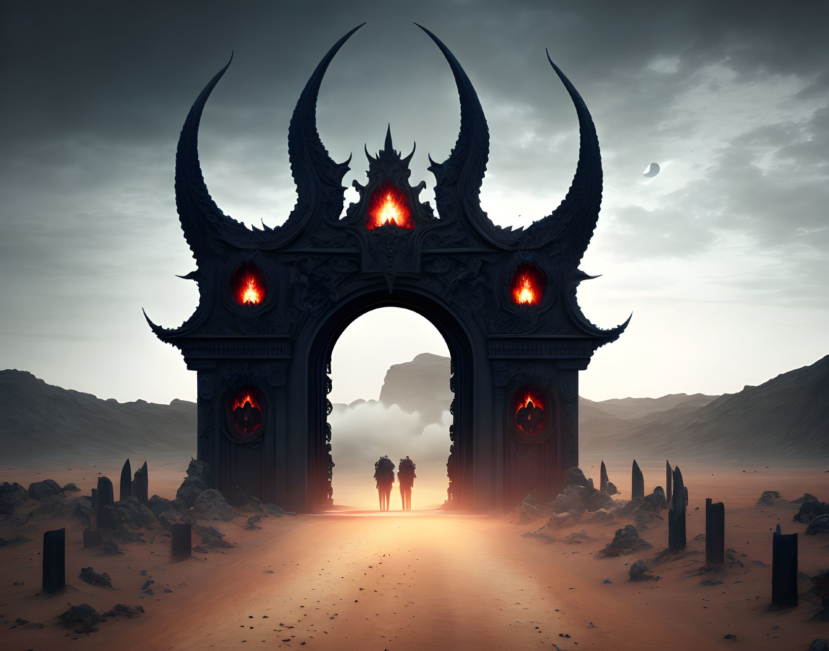 Fantasy scene: Two figures at ominous gate in desert dusk